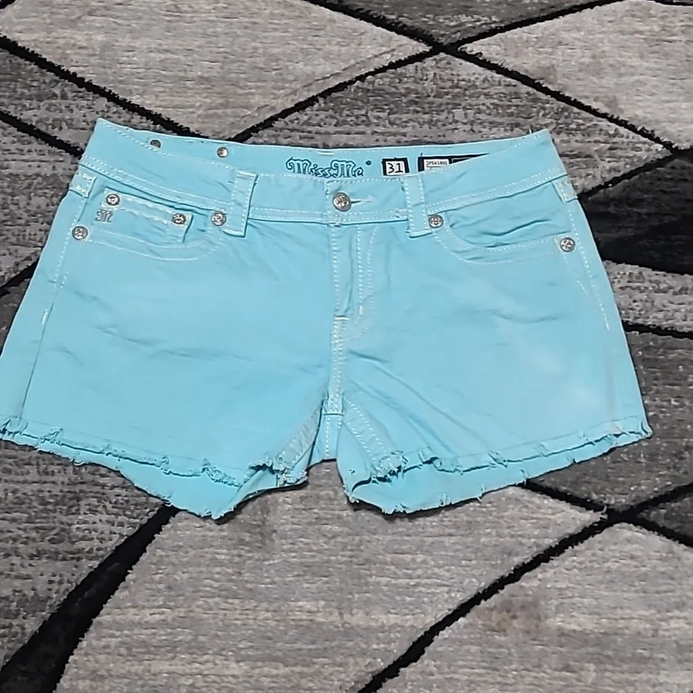 MISS ME AQUA RAW-HEM EMBROIDERED RHINESTONES DENIM JEAN SHORTS PRICE FIRM
